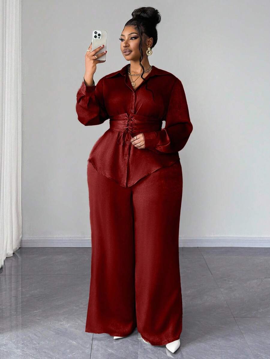 Maweii Plus Size Bowknot Waist Tie Shirt With Wide Leg Pants Two Pieces Set, Elegant Ladies Suit - Burgundy - View 1