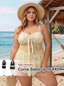 SHEIN CURVE+ Plus Size Women Floral Print Knotted Front Camisole Tankini Swimwear Set - Yellow - View 1