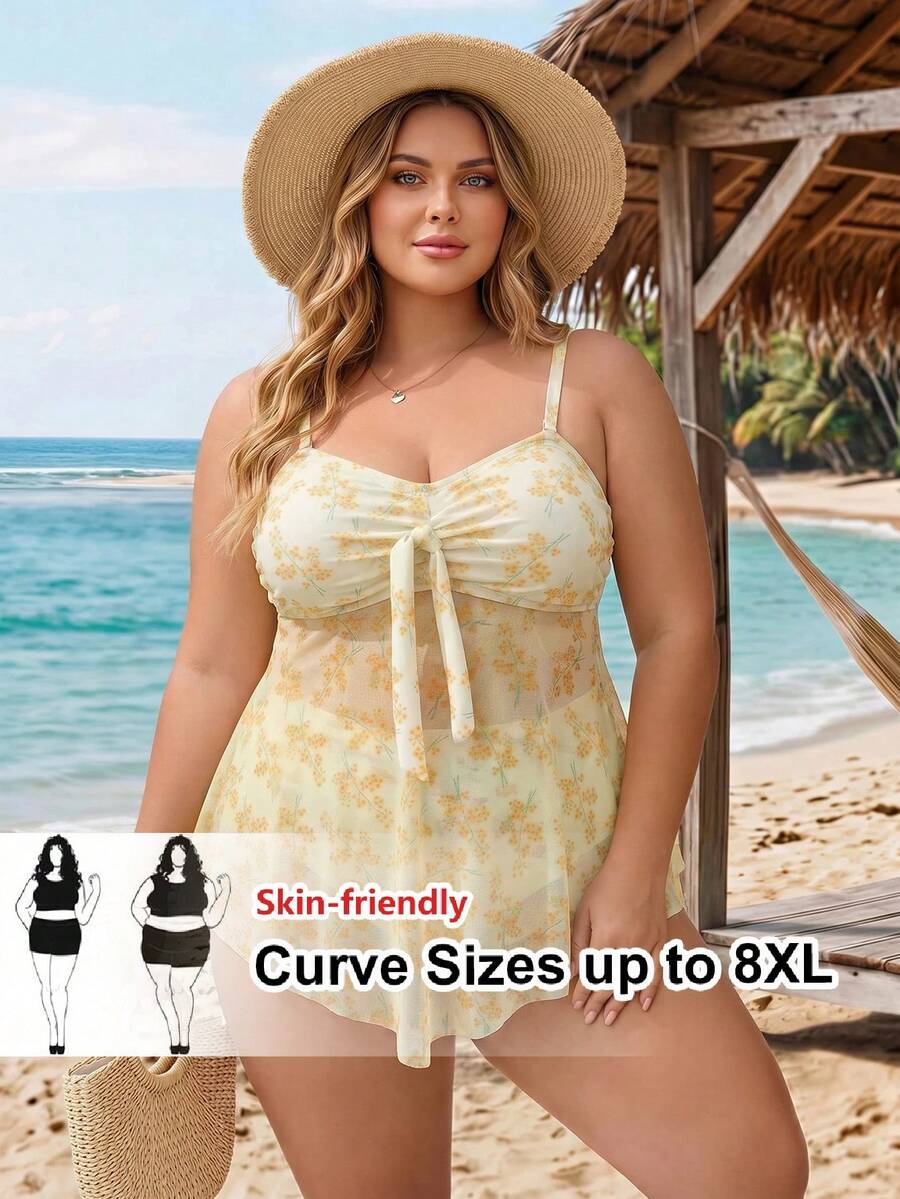 SHEIN CURVE+ Plus Size Women Floral Print Knotted Front Camisole Tankini Swimwear Set - Yellow - View 1