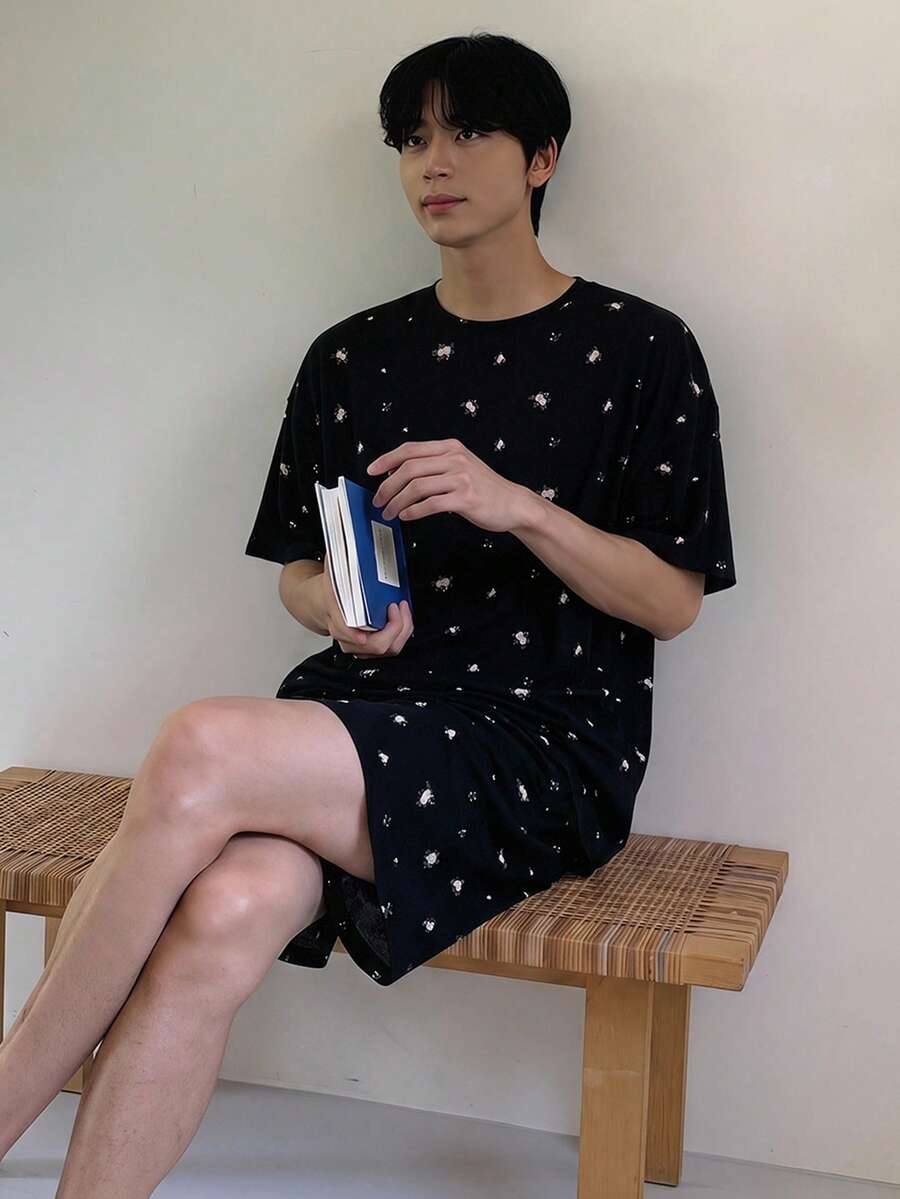 DAZY Black Floral Print Short Sleeve Top And Shorts Men's Pajama Set - Black - View 1