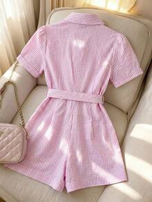 SHEIN Franclia Macacão feminino casual de primavera/verão, elegante francês, minimalista, com lapela, manga curta, bordado, cinto na cintura, curto, azul às riscas - Rosa - Ver 2