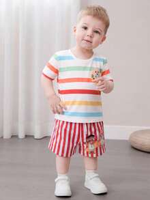 CoComelon X SHEIN Bañador de niño con estampado de rayas y dibujos animados, con cintura con cordón - Rojo - Ver 4
