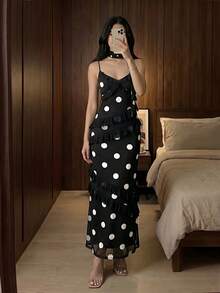Lumalex New Sleeveless Polka Dot Ruffle Trim Dress - Black and White - View 7