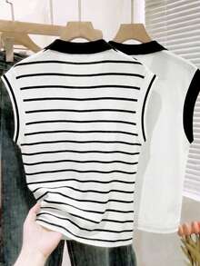 Qadelle New Spring And Summer Fashion, Casual And Simple Commuting Black And White Short-Sleeved Shirt With Contrasting Colors - Multicolor - View 6