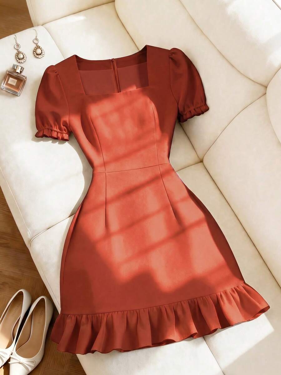 SHEIN Franclia 女款珍珠領短袖A字洋裝,休閒顯瘦方領優雅素色雞尾酒派對長裙,適合夏/秋場合,杏色 - 橘色 - 查看 1