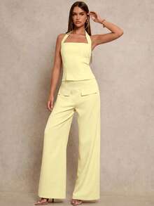 Glamine Halter Tie Waist Slim Sexy Crop Top & Straight Leg Pants 2 Pieces Set, Apricot Woven Fabric, Simple Design, Versatile, New Spring Collection Summer - Yellow - View 7