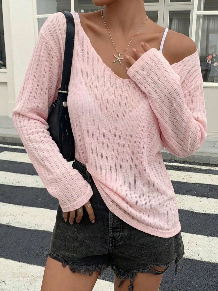 DAZY 女款寬鬆深V領長袖透視休閒上衣,都市街頭風T恤,適合秋季度假旅行,腮紅粉色,校園風 - 粉色 - 查看 1