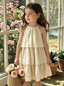 SHEIN Young Girl Summer Elegant Minimalist Solid Color Ruffle Neck Dress - Apricot - View 3