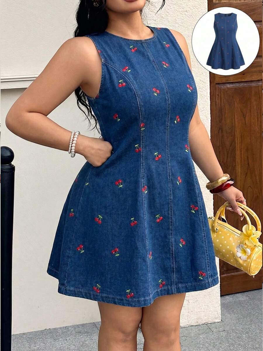 GalTyme Plus Size Women Cherry Pattern Round Neck Casual Sleeveless Dress - Blue - View 1