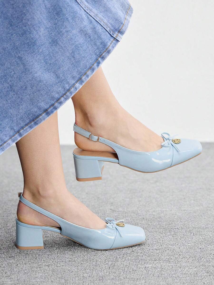 CUCCOO BIZCHIC 女款時尚高跟鞋,扣環蝴蝶結粗跟PU材質,四季通勤百搭,優雅基礎款,適合節日、度假、辦公室、戶外日常穿搭 - 藍色 - 查看 1