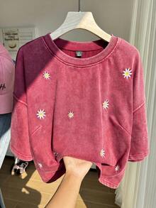 Comfortcana Plus Size Cotton Washed Snow Flake Short Sleeve T-Shirt, Spring - Red - View 4