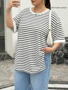 SHEIN CURVE+ 大尺碼女款休閒寬鬆舒適黑白條紋短袖大尺碼T恤，百搭日常穿搭，極簡風格，夏季 - 白色 - 查看 5
