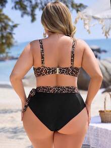 Swim Lushoire Plus Size Women 2pcs Tropical Plant Random Print Asymmetric Ruffle Trim Top And High Waist Triangle Bottoms Swimwear Set, Casual And Suitable For Daily Vacation - Multicolor - View 2