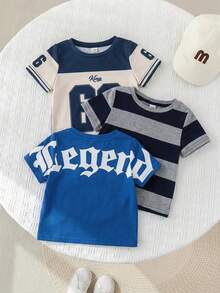 SHEIN 中性嬰兒 3件/組 休閒拼色短袖T恤針織上衣套裝，春/夏嬰兒男童服飾，街頭風 - 彩色 - 查看 6