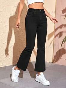 SHEIN EZwear 素色牛仔喇叭褲 - 黑色 - 查看 5