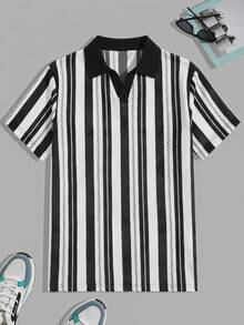 ESTAVOR 男士條紋短袖休閒時尚POLO衫，夏季 - 黑與白 - 查看 2