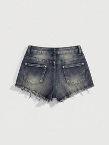 ROMWE Avant Women Vintage Millennium World Cup Brazil Distressed Ripped Super Low-Waist Mini Denim Shorts - Medium Wash - View 2