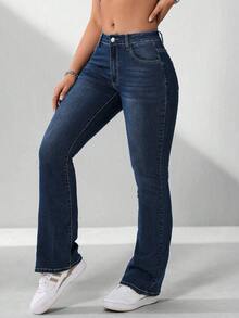 SHEIN ICON Plus Size Women Street-Style Vintage Dark Blue Elastic Jeans - Dark Wash - View 4
