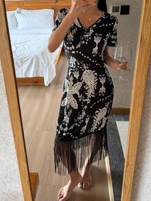 DAZY Tassel Patchwork V-Neck Allover Print Dress, Women Summer Casual Sleepwear Pajamas - Black - View 4