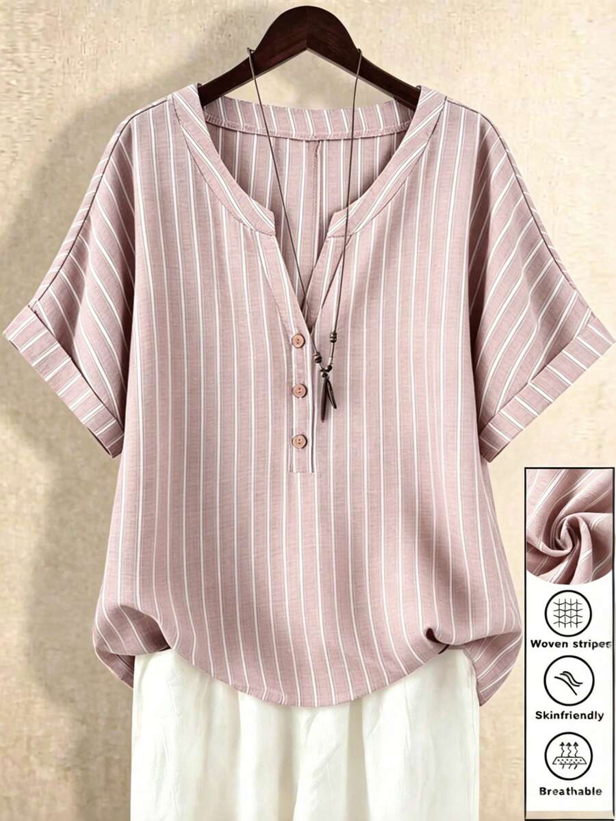 GlowEve CURVE Camisa feminina plus size folgada, casual, para primavera/verão, com gola entalhada em formato de H, punhos dobráveis e estampa listrada. - Rosa - Ver 1
