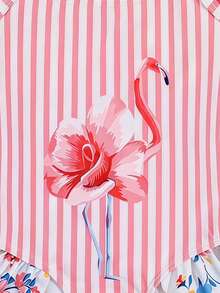 SHEIN Young Girl Flamingo & Striped Print Ruffle Trim One-Piece Swimwear, Casual Beach Vacation - Multicolor - View 6
