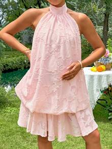SHEIN Maternity Halter Neck Tie Pleated Fashionable Date Party Dress Summer Dresses Elegant Dresses For Party Casual Outfits Ruffle Dress   Pink Dress - Multicolor - View 8
