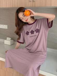 DAZY Sternenmuster Kontrast-Farbiger Saum Locker Sitzendes T-Shirt Kleid, Langes Casual Kleid für Damen, Sommer - Violett - Übersicht 3