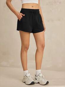 SHEIN Tall Women's Casual Drawstring Waist Slant Pocket Solid Color Shorts, Versatile For Daily Commute, Summer Comfy - Black - View 6