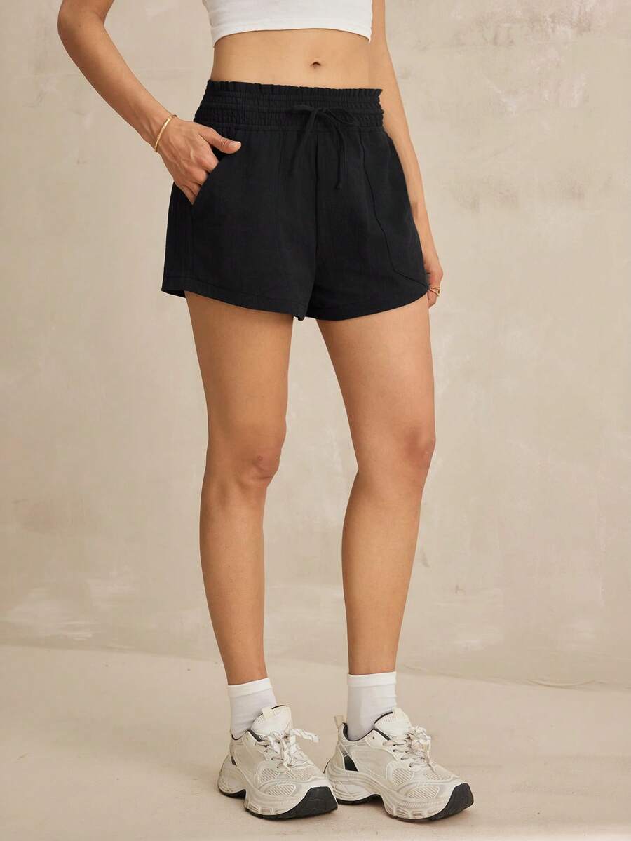 SHEIN Tall Quần short nữ dáng suông, cạp chun, túi xéo, màu trơn, đa năng cho đi làm hàng ngày, quần short đen mùa hè cho nữ, quần short nữ mùa hè thoải mái. - màu đen - Xem 1