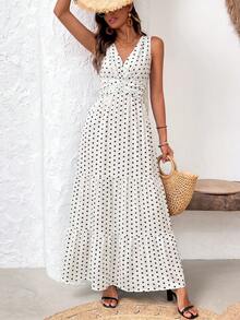 Wandoria Women's V-Neck Sleeveless Dress With All-Over Print And Ruffled Hemline For Summer Maxi Vacation Beach Outfit - White - View 6