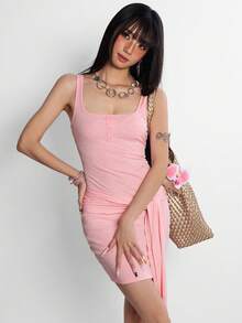 Rina Fox Women's Y2K Style Casual Solid Color Rhinestone Twist Mini Dress, Summer - Pink - View 5