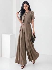 Heiryn Bộ đồ công sở thanh lịch dành cho nữ, áo croptop và quần dài (2 món) - Màu Khaki - Xem 5