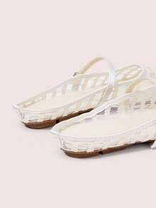 CUCCOO DOLLMOD Women's Shoes, Beige, Striped Embroidered Upper, Exposed Heel, Round Toe, Flat Bottom, Sweet, Cute, Comfortable And Casual. - Curve - Apricot - View 6