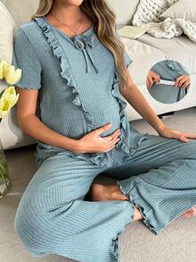 Moonlight&Mama Solid Color Maternity Loungewear Set With Drawstring Waist, Loose Short Sleeve Top And Pants - Cadet Blue - View 1