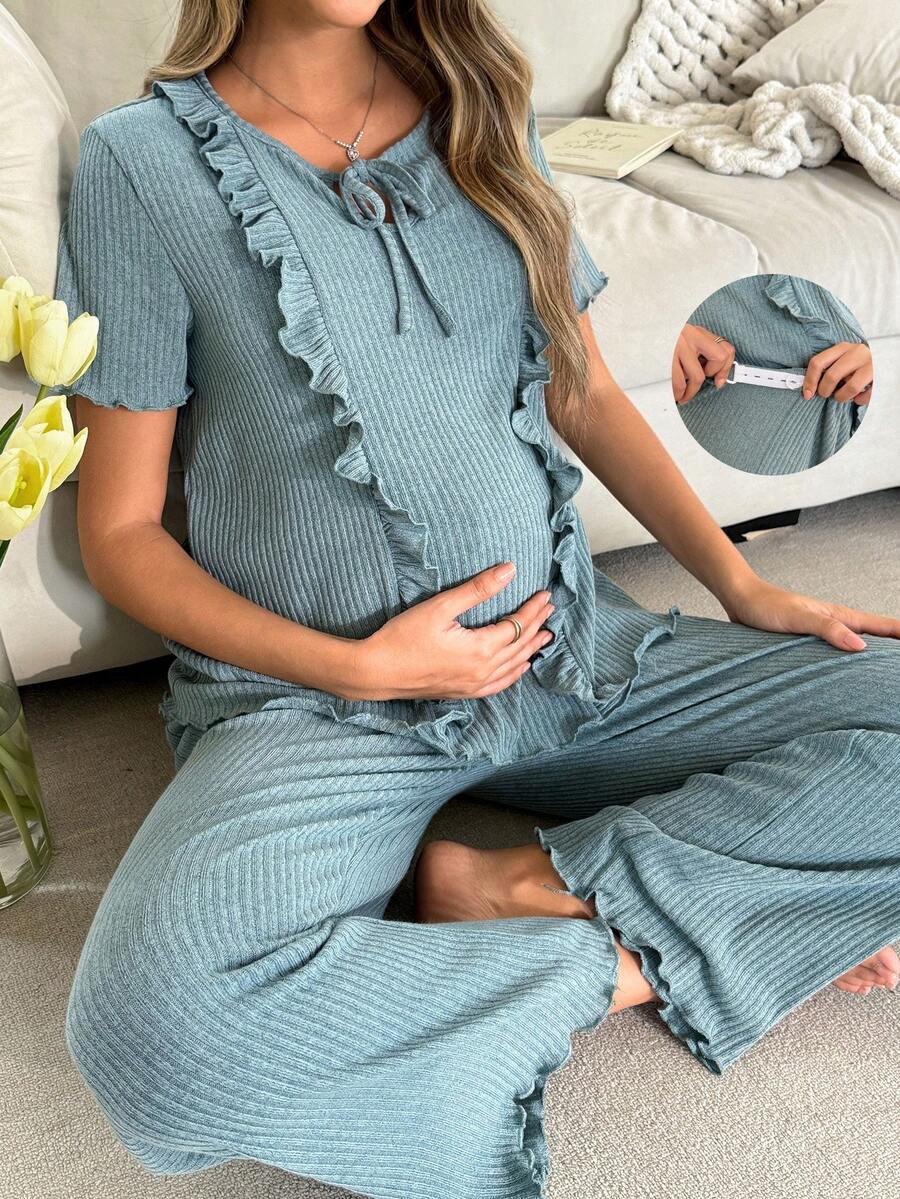Moonlight&Mama Solid Color Maternity Loungewear Set With Drawstring Waist, Loose Short Sleeve Top And Pants - Cadet Blue - View 1