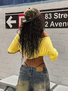 StreetHx 女士时尚多色字母印花不对称肩部短款T恤 - 黃色 - 查看 2