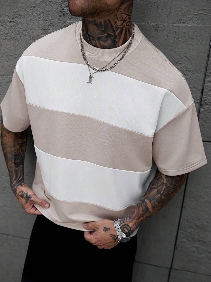 SLATEMANN Men's Striped Crew Neck Short Sleeve Casual Versatile T-Shirt, Holiday - Brown - View 1