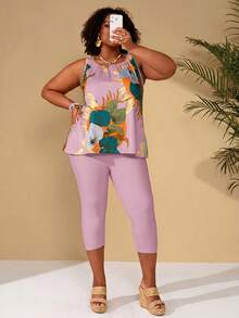 EMERY ROSE Plus Size Women Floral Print Ruffle Top And Pants Casual 2 Piece Set Vacation Lavender Summer For Beach Spring Clothing - Pink - View 3