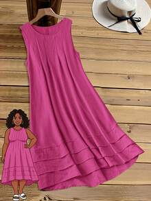 Rusticease Plus Size Sleeveless Solid Color Dress, Summer Vacation Pink Casual - Hot Pink - View 1