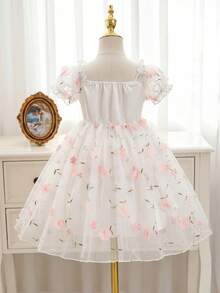 SHEIN Glamorique Kids 少女優雅迷人粉色可愛泡泡袖收腰奢華雙層刺繡網紗蓬蓬裙 - 白色 - 查看 2