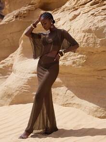 Zivah This Latest Women's Beach Brown Shawl Top And Skirt Set Is Suitable For All Occasions And Has A Bohemian Style. - Brown - View 8
