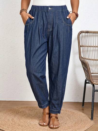 SHEIN Tall CURVE Pantalones vaqueros harem de talle elástico y puños para mujer de talla grande, pantalones vaqueros casuales de verano elegantes y de uso diario para mujeres de talla grande de unicolor con bolsillos en diagonal, de verano
