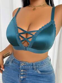DesireSculpt 1 buah Bra Tanpa Kawat Model Silang untuk Wanita Ukuran Plus - Royal Blue - View 3