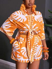 Veslaya Spring/Summer New Loose Short Sleeve Shirt Top & Shorts 2 Pieces Party, Sunbathing, Plus Size - Orange - View 3