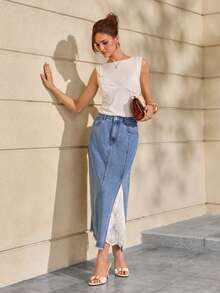 Selenza Women's Retro Casual Loose Lace Trim Denim A-Line Skirt - Light Wash - View 7