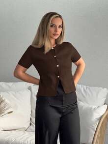 Jeta Ari Women's Solid Color Round Neck Front Button Casual Short Sleeve Thin Cardigan Brown Summer - Coffee Brown - View 4