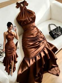 SHEIN Raffinéa Gaun Koktail Hitam Elegan dengan Leher Halter dan Hem Berumbai, Cocok untuk Pesta, Perjamuan, dan Klub Malam - Coklat - View 2
