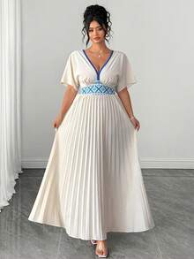 Elenzga Plus Size Floral Trim Collar Decor Pleated Hem Long Dress For Women - Apricot - View 3