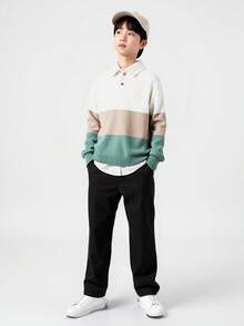 SHEIN Chico preadolescente Jersey de color combinado de hombros caídos de cuello polo - Multicolor - Ver 5
