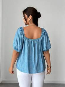 Elenzga Camisa smock con efecto de mezclilla y cuello cuadrado para tallas grandes - Azul - Ver 2